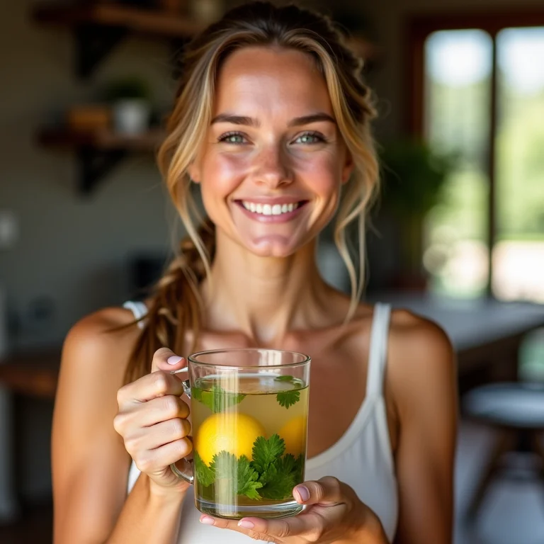 Mulher sorrindo com pele radiante bebendo chá de coentro com limão