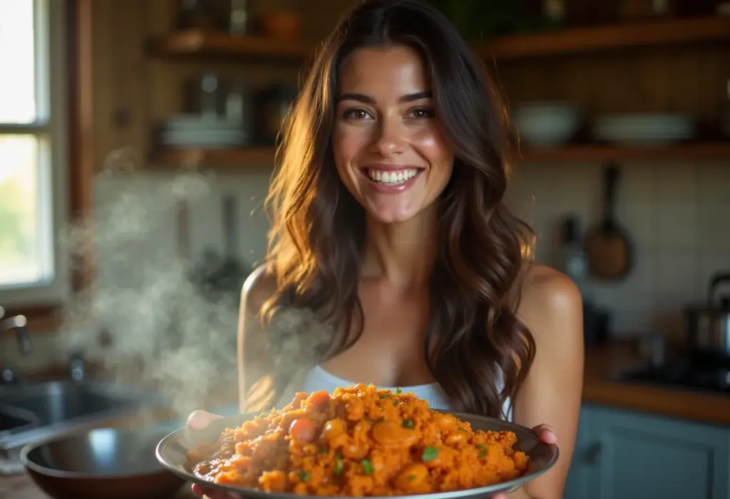 Mulher sorrindo com prato de Baião de Dois