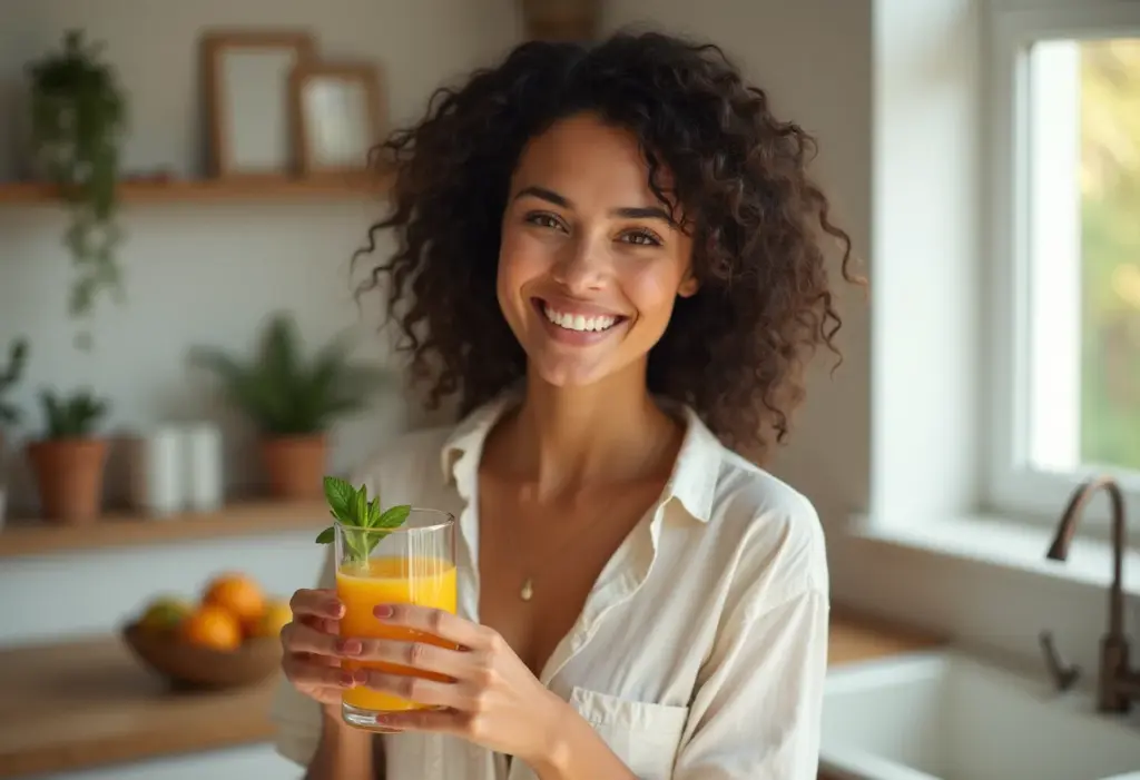 Mulher sorrindo com suco de laranja e hortelã