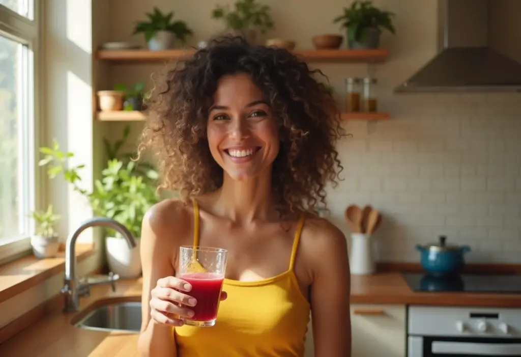 Mulher sorrindo com suco de uva e gengibre.