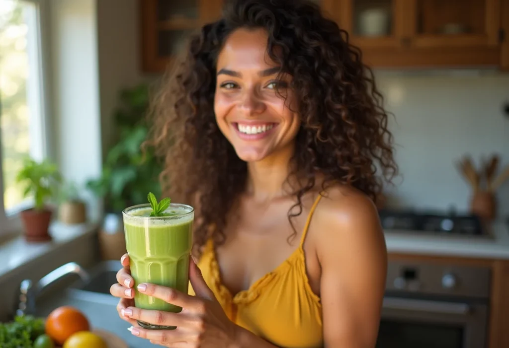 Mulher sorrindo com suco de uva verde e hortelã