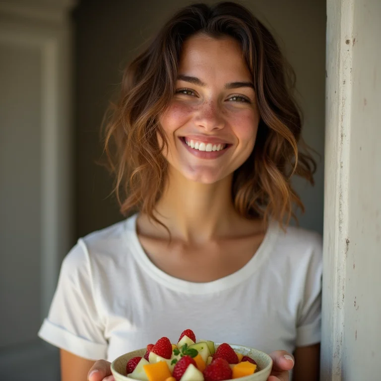 Mulher sorrindo com tigela de salada de frutas.