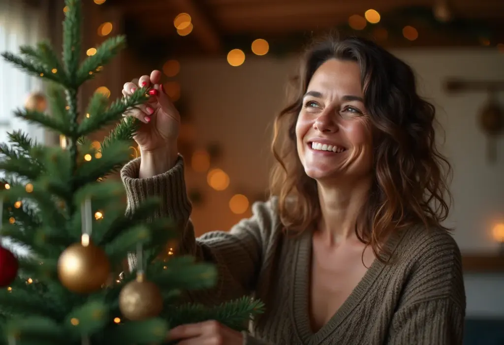 Decoração rústica de Natal: 5 ideias fáceis e charmosas Mulher sorrindo enquanto decora árvore de Natal rústica.