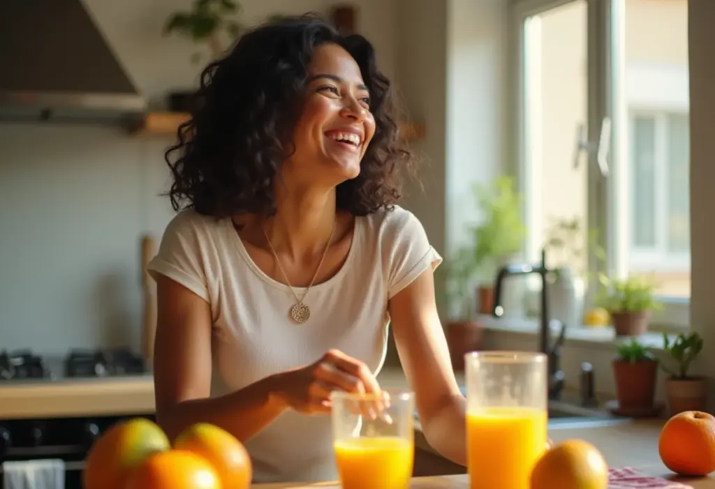 Mulher sorrindo enquanto prepara suco de manga com laranja