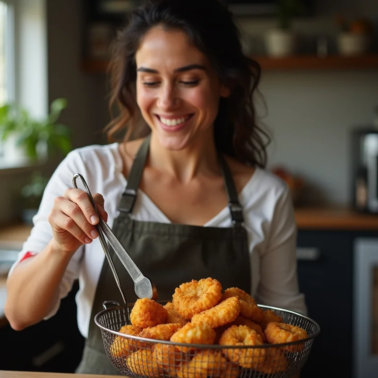 Mulher sorrindo enquanto retira torresmo crocante da airfryer.