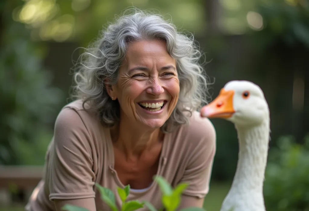 Ganso Sinaleiro: O segredo inusitado para proteger sua casa Mulher sorrindo no jardim com um ganso por perto