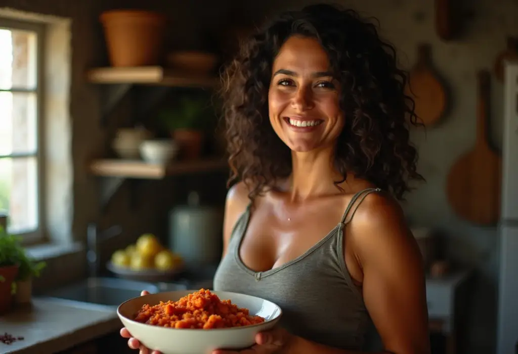 Mulher sorrindo segurando salpicão de roça caseiro.