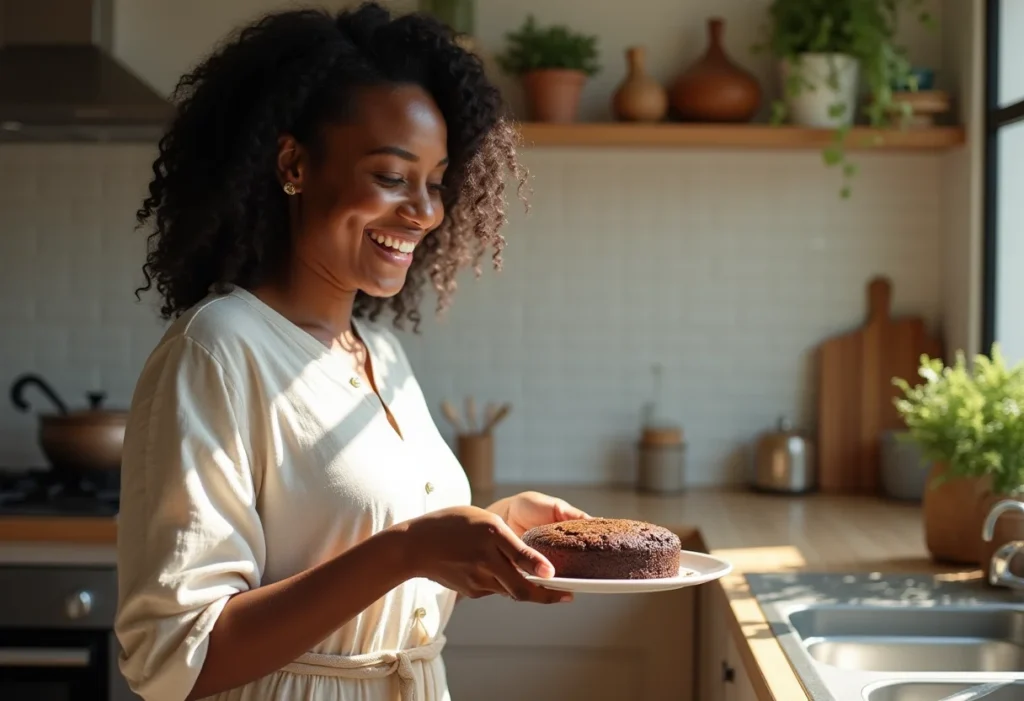 Mulher sorrindo tirando bolo de banana com chocolate do forno.