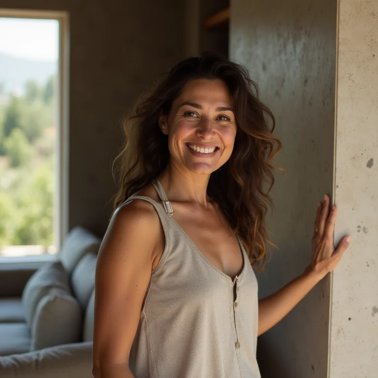 Mulher tocando painel de pedra sabão