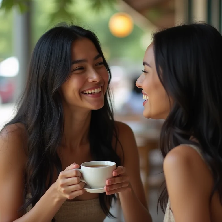 Mulher tomando chá com amiga em cafeteria ao ar livre.
