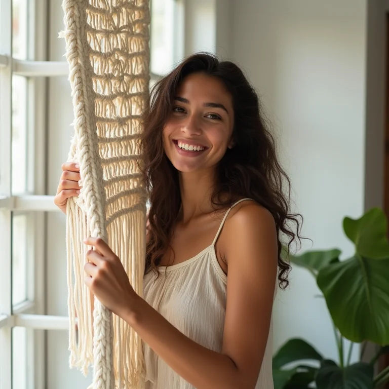 Mulher usando cortina de macramê como divisória de ambientes