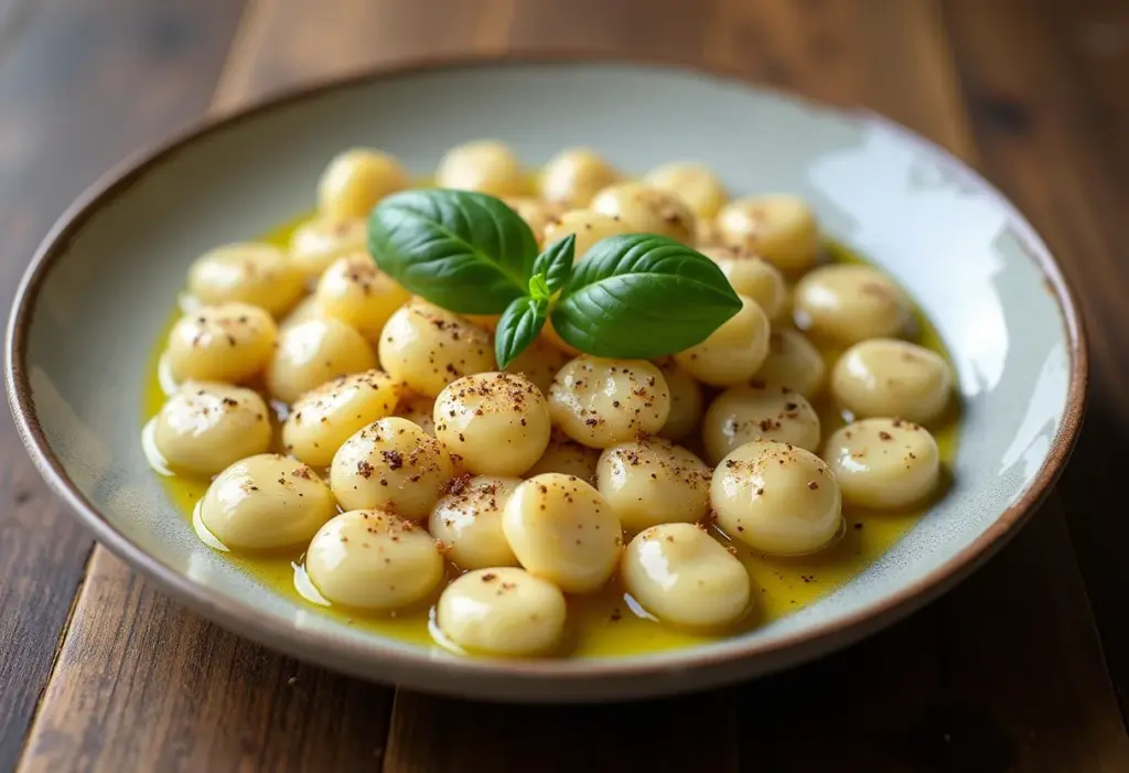 Nhoque de ricota caseiro em mesa de madeira rústica.