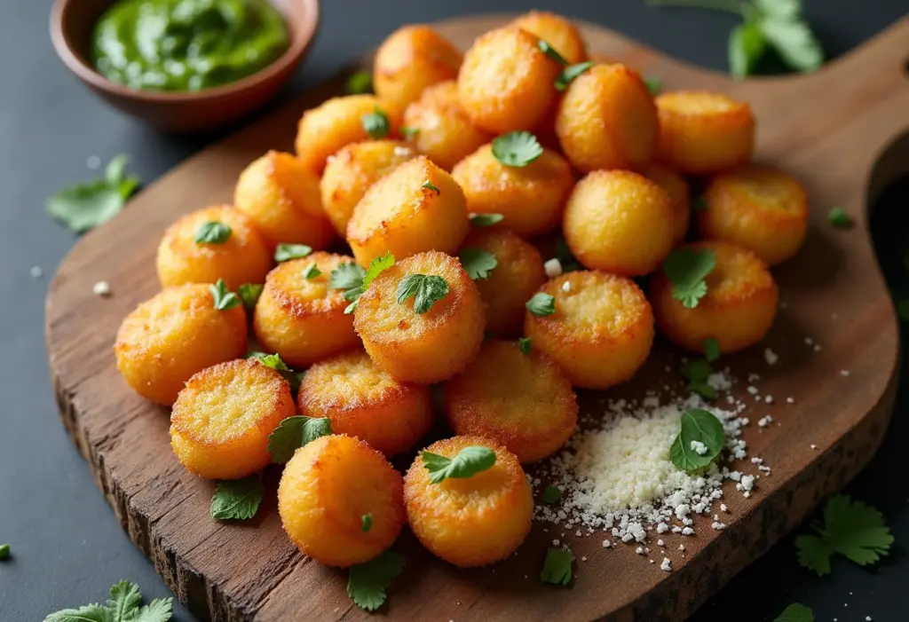 Nhoque frito: O segredo crocante que vai te viciar! Nhoque frito crocante em tábua de madeira com pesto e parmesão.