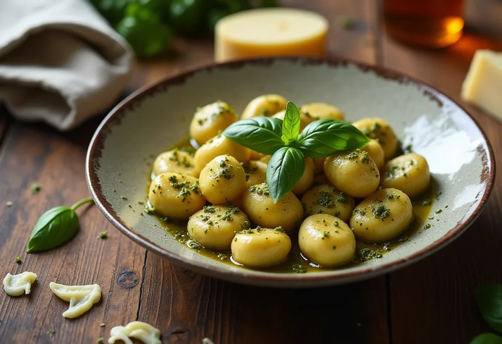 Nhoque recheado com queijo em travessa rústica