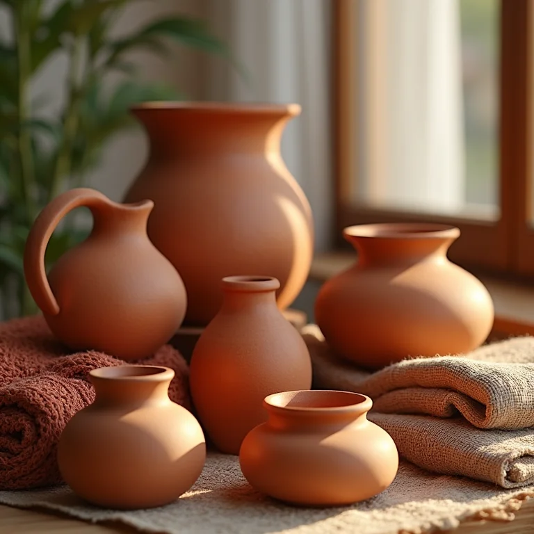 Objetos de decoração em tons terrosos.