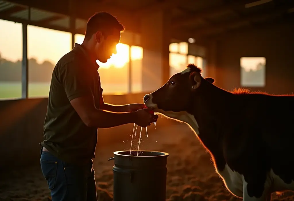 Ordenha manual em uma fazenda brasileira ao entardecer.