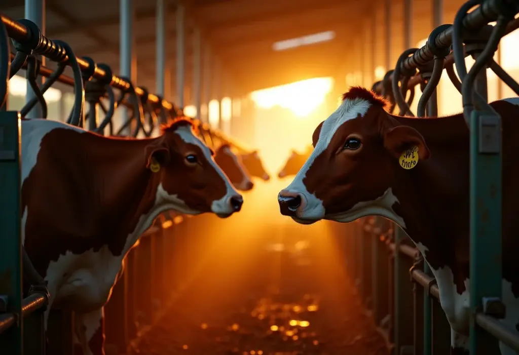 Ordenhadeira mecânica em funcionamento em uma fazenda brasileira.