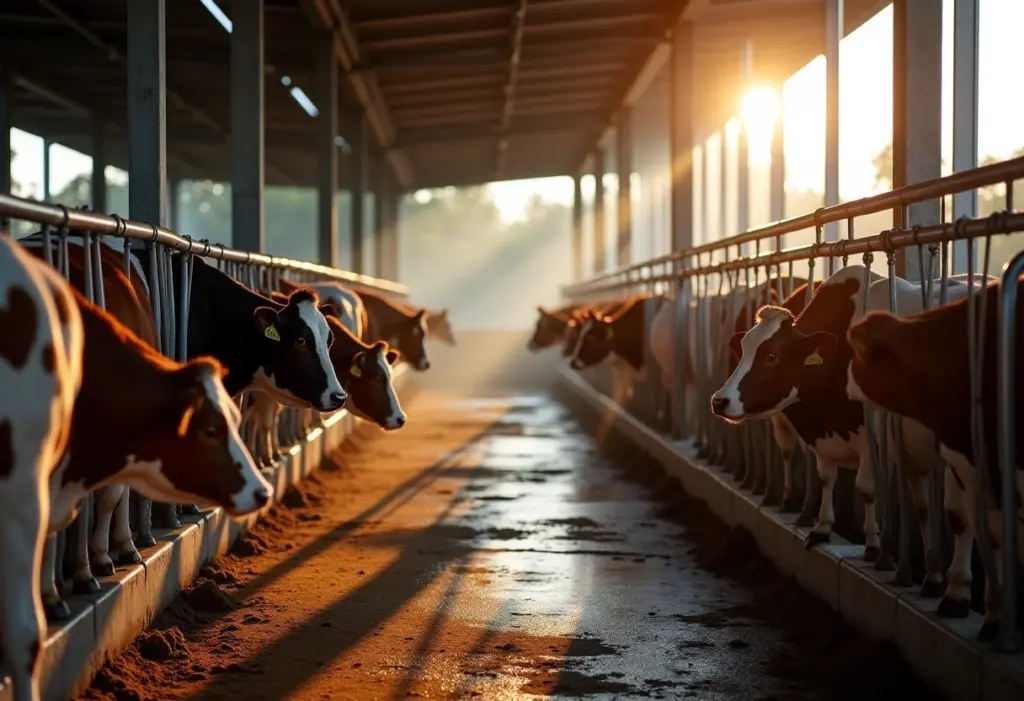 Ordenhadeira mecânica em funcionamento em uma fazenda brasileira.