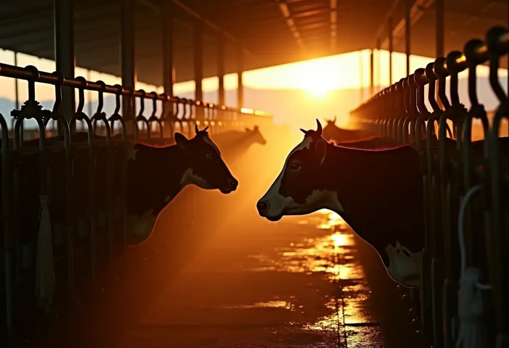 Ordenhadeira mecânica moderna em funcionamento.