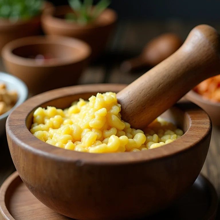 Paçoca cremosa sendo preparada em um pilão de madeira.