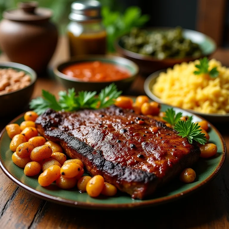 Paçoca de carne seca servida com acompanhamentos como couve, banana frita e arroz com feijão.