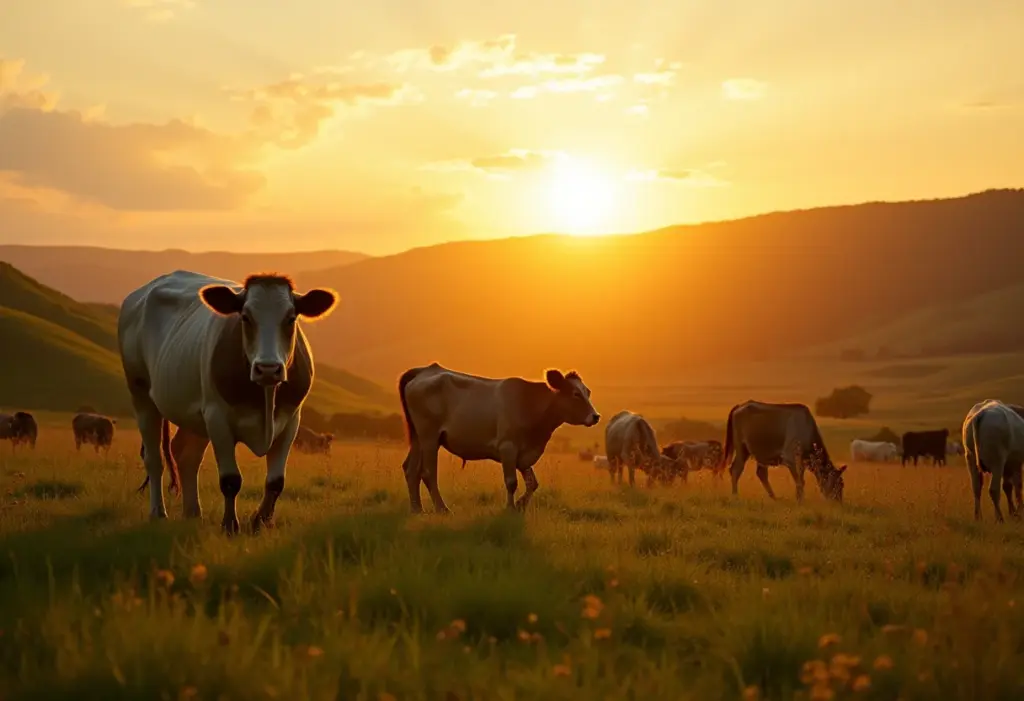 Criação de gado de corte: o guia definitivo para maximizar seus lucros Paisagem de uma fazenda de gado de corte no Brasil ao pôr do sol