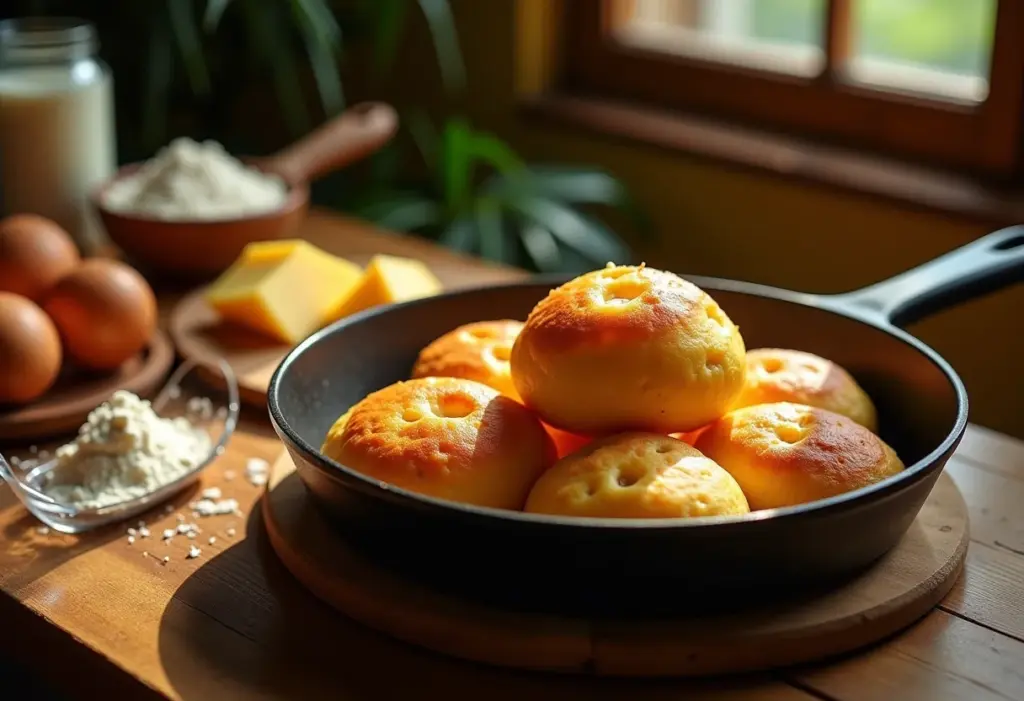 Pão de Queijo de Frigideira pronto na mesa rústica