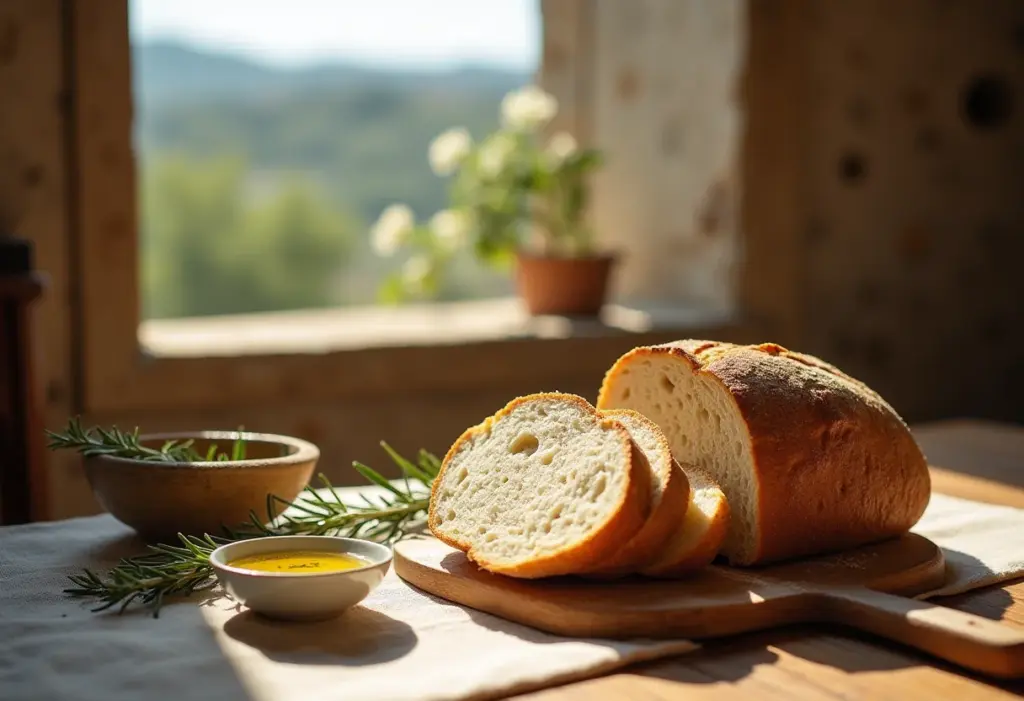 Pão Siciliano rústico recém-assado com azeite de oliva e alecrim.