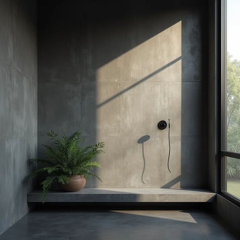 Parede de banheiro com revestimento em cimento queimado