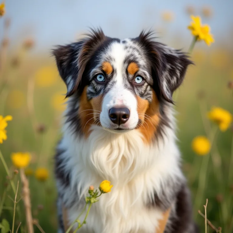 Pastor Australiano com olhos azuis em campo de flores.