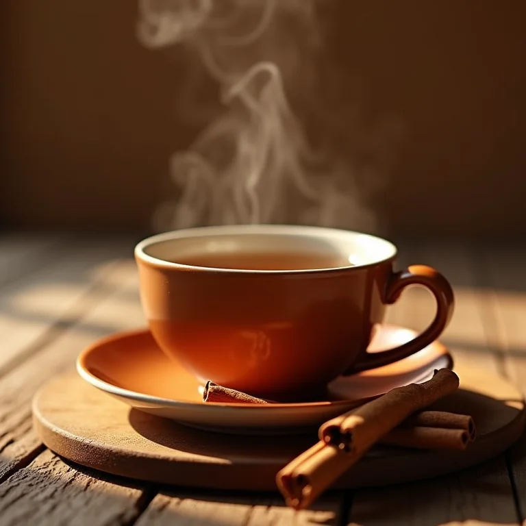 Paus de canela e uma xícara de chá quente, benefícios digestivos em uma atmosfera aconchegante.