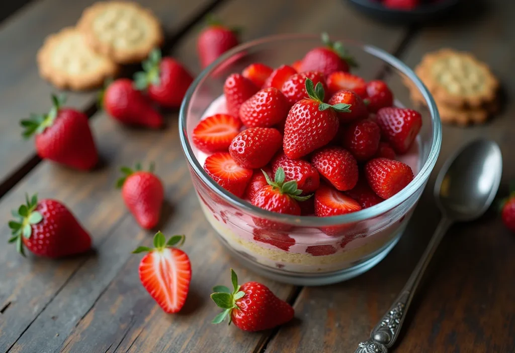 Pavê de morango caseiro com biscoitos champanhe e morangos frescos.