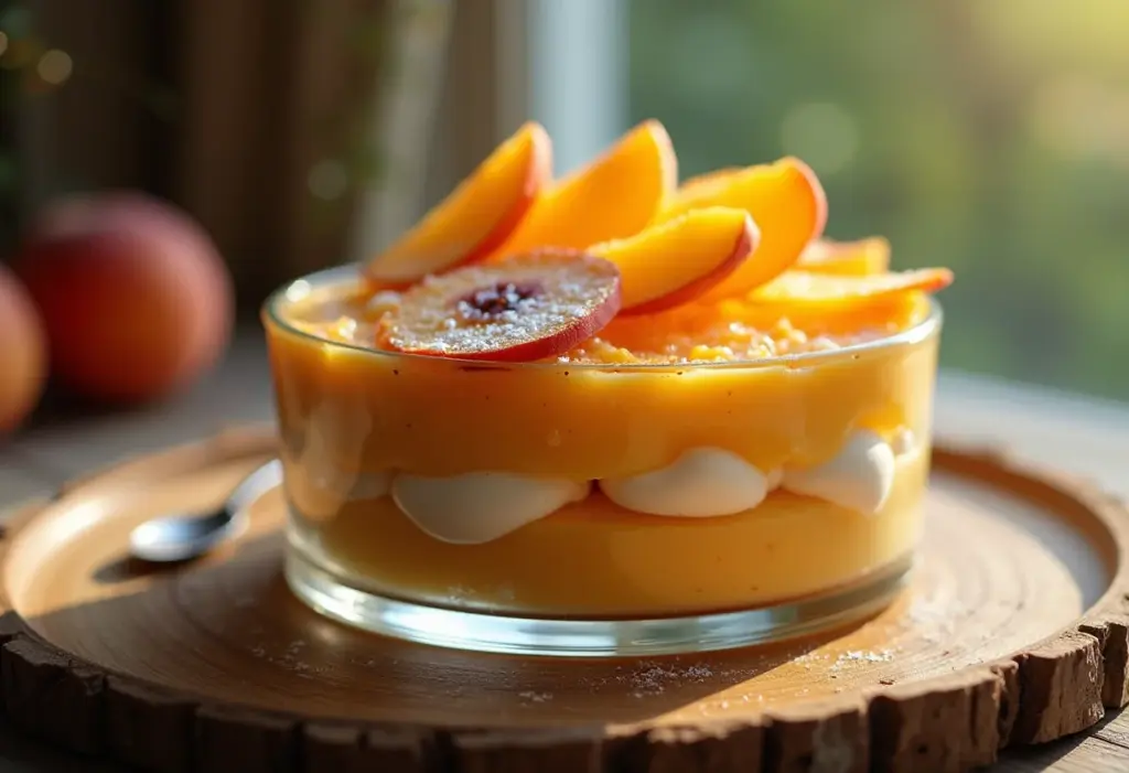 Pavê de pêssego cremoso em travessa de vidro