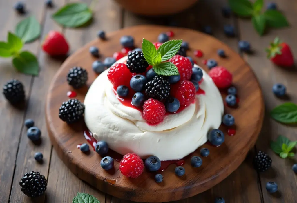 Pavlova perfeita: receita fácil e segredos de chef! Pavlova decorada com frutas vermelhas e hortelã