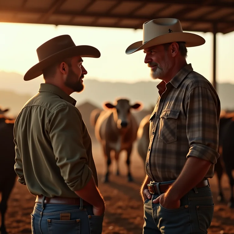 Pecuarista experiente auxiliando um jovem rancheiro em um leilão.