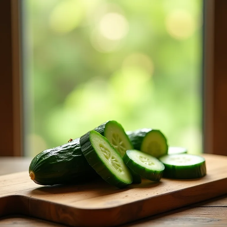 Pepino fresco cortado em tábua de madeira