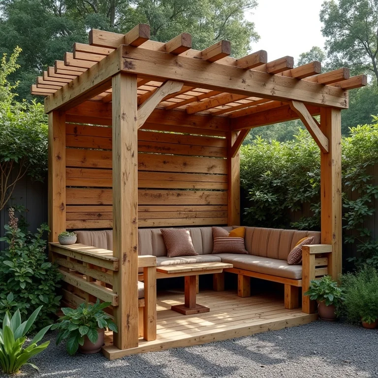 Pergolado feito com paletes de madeira reciclada.