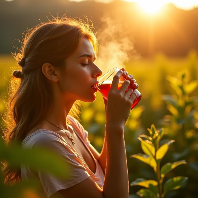 Pessoa bebendo chá de verbena ao lado de plantas frescas para fortalecer o sistema imunológico.