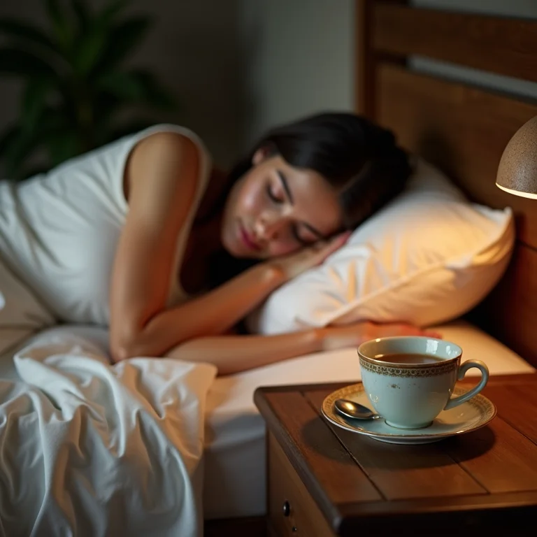 Pessoa dormindo tranquilamente com chá de erva-doce na mesa de cabeceira.