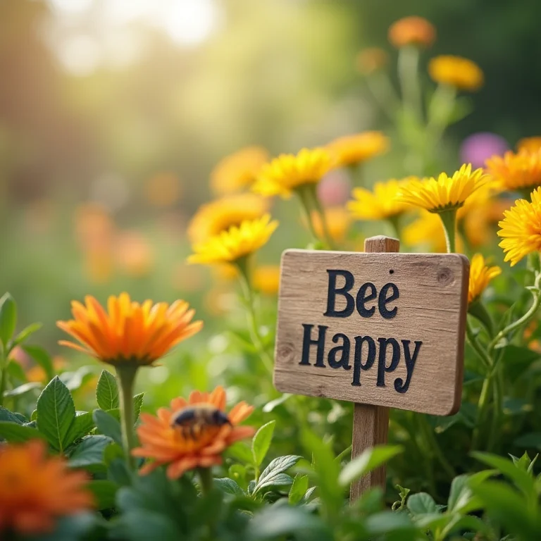 Placa de madeira 'Bee Happy' em meio a um jardim florido