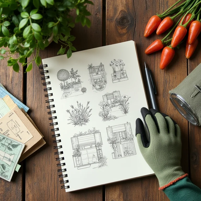 Planejamento de horta em mesa de madeira rústica.