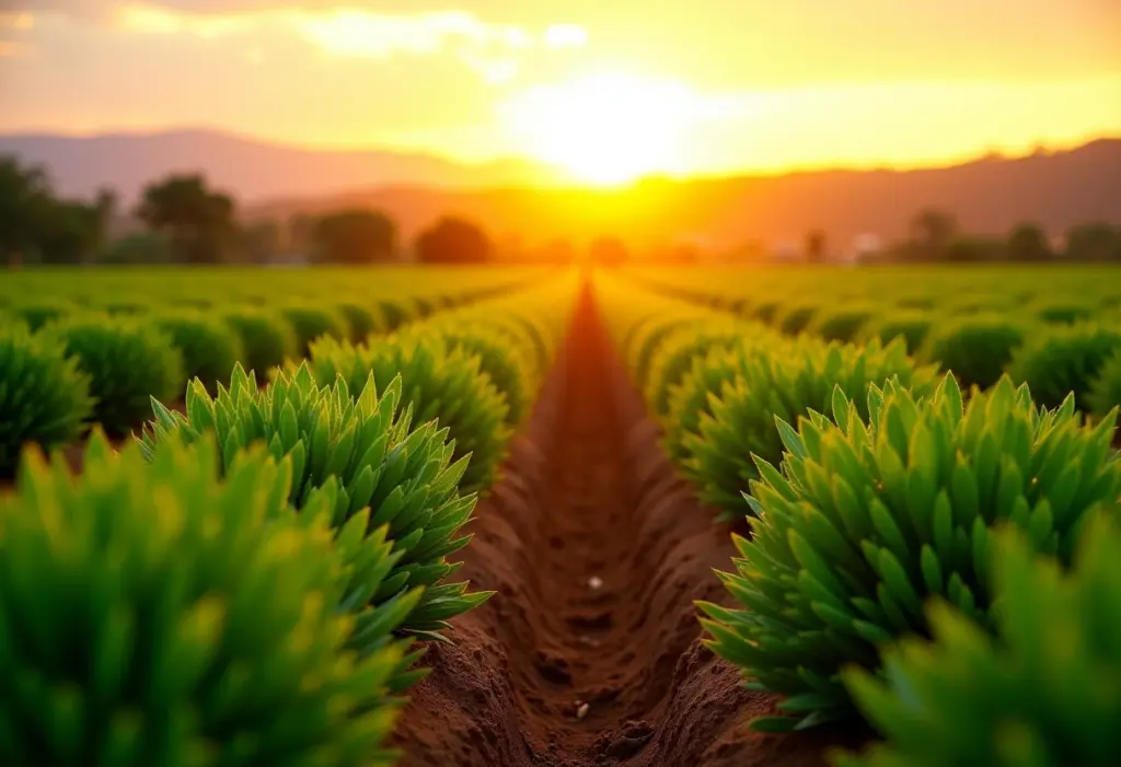 Plantação de chicória no sítio O Guia sob a luz do pôr do sol.