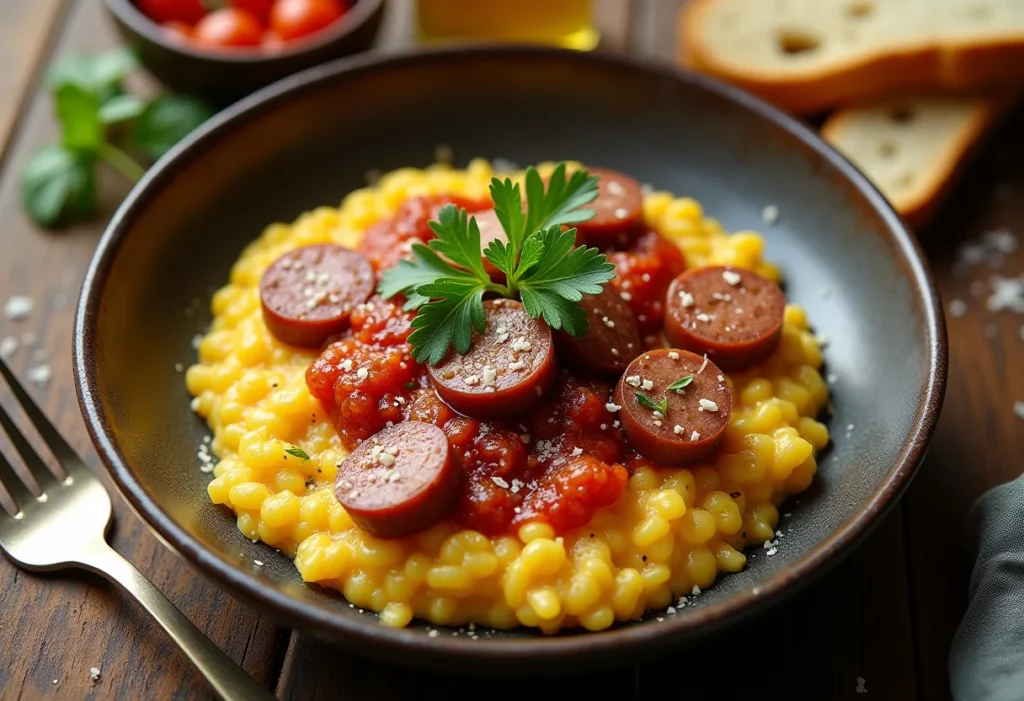 Polenta cremosa com calabresa em mesa rústica