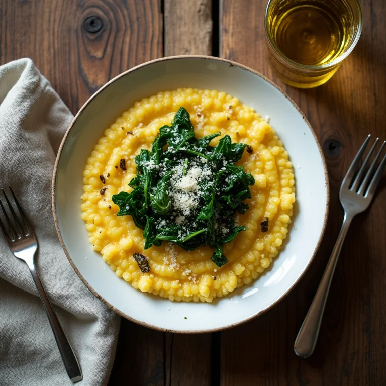 Polenta cremosa com couve refogada em mesa de madeira.