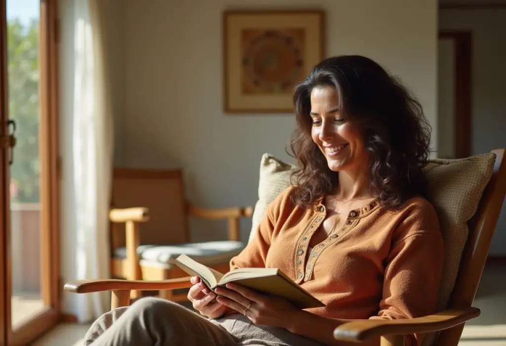 Poltrona rústica mineira: o charme que sua casa precisa Poltrona rústica de madeira em sala de estar ensolarada com mulher lendo