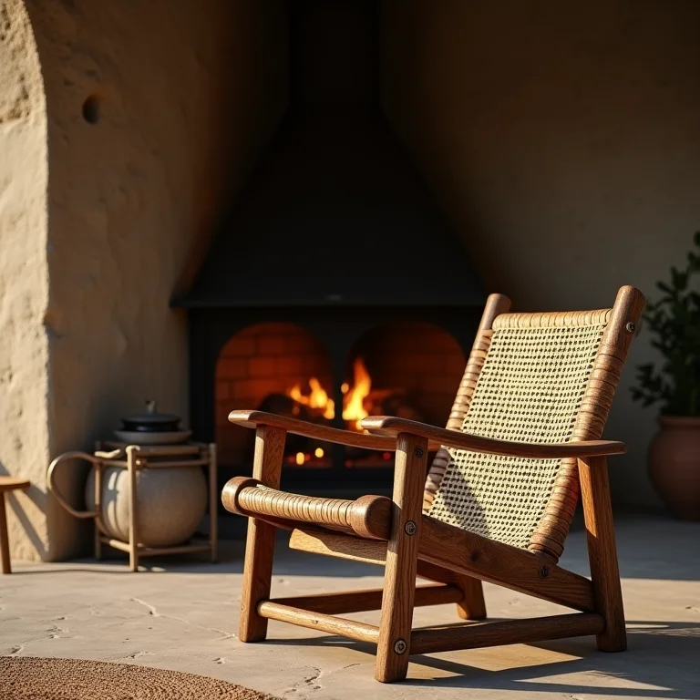 Poltrona rústica em frente à lareira em casa mineira.