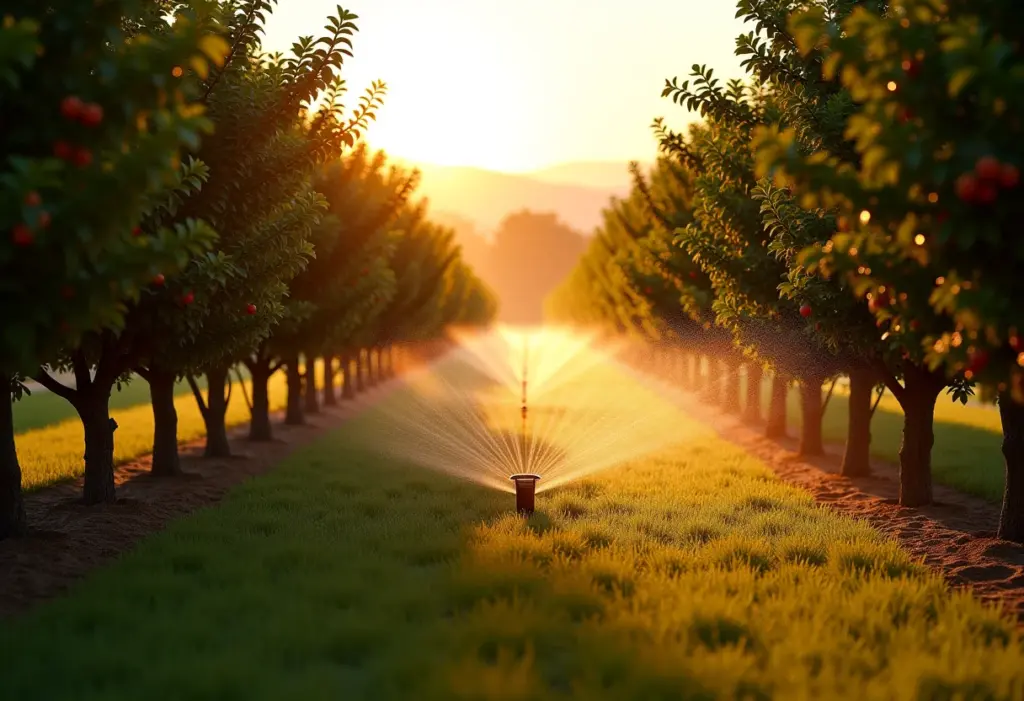 Pomar irrigado com microaspersão e gotejamento