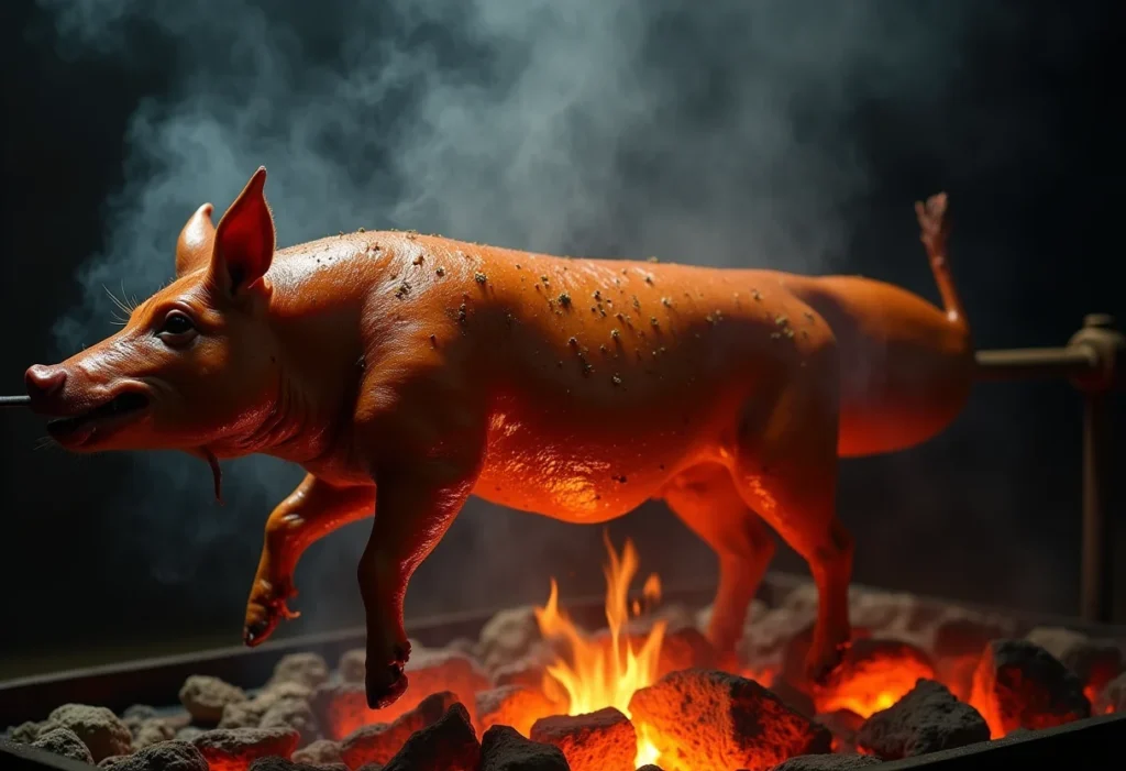 Porco inteiro assado no rolete, pele crocante