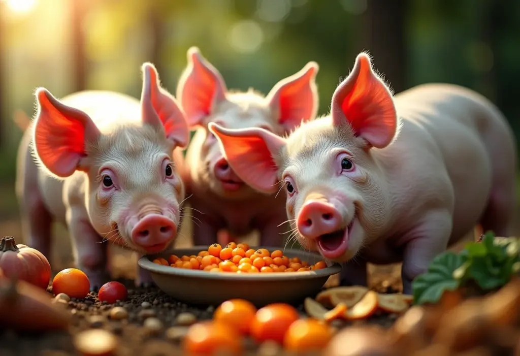 Porcos felizes se alimentando em uma fazenda brasileira.