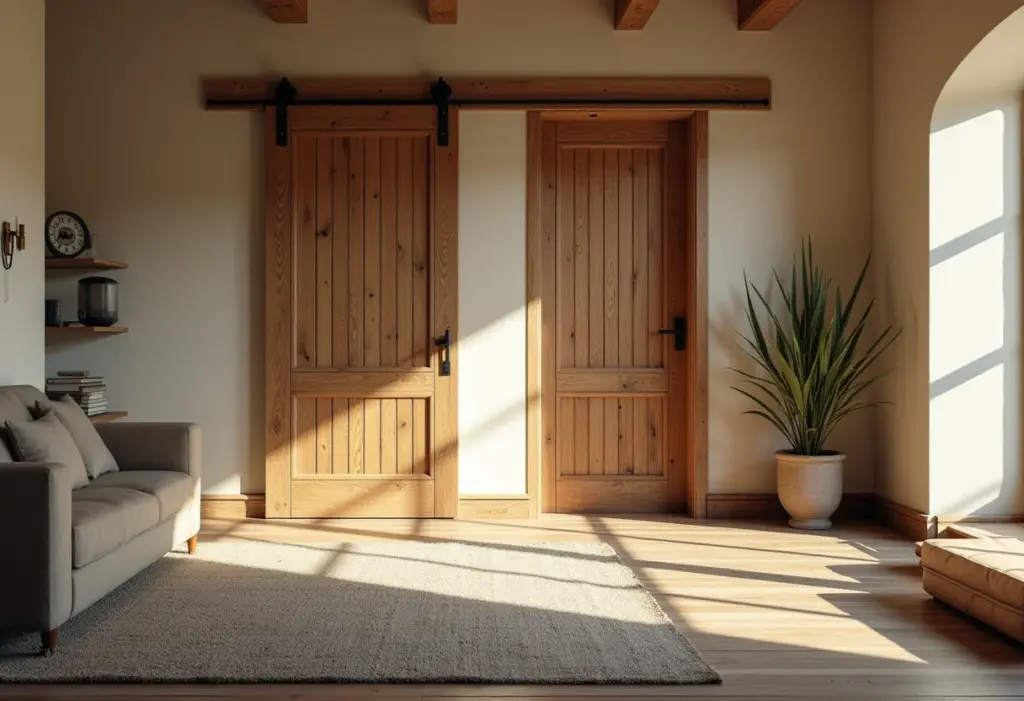 Porta de madeira rústica em sala de estar moderna